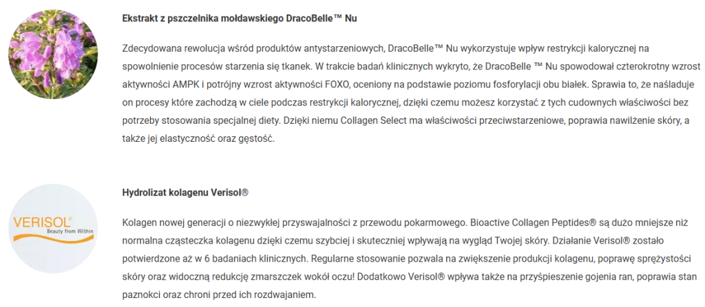 Collagen Select - przeciw starzeniu, odmładza skórę, regeneracja skóru, redukcja zmarszczek, nawilżenie i odżywienie, wzmocnienie włosów i paznokci, verisol, witamina C, niacyna, biotyna, cynk, miedź, ostropest