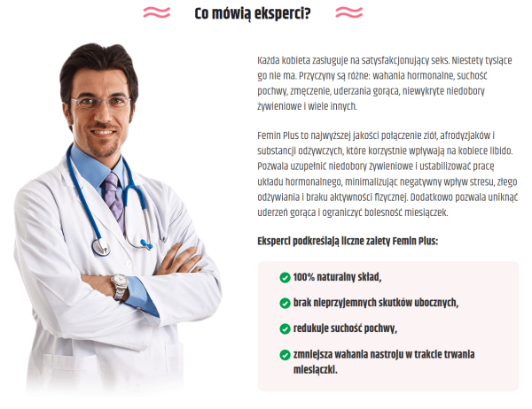 Femin Plus - libido, zwiększa libido, poprawia krążenie, regulacja hormonalna, poprawa nastroju, l-arganina, żeń-szeń, nasiona kozieradki, witamina E, korzeń maca, witamina B6