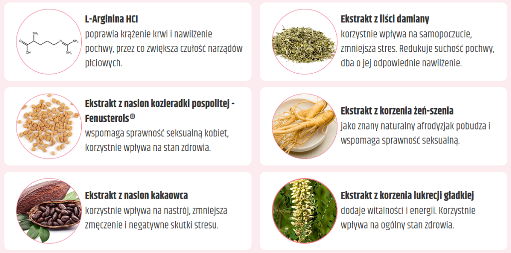 Femin Plus - libido, zwiększa libido, poprawia krążenie, regulacja hormonalna, poprawa nastroju, l-arganina, żeń-szeń, nasiona kozieradki, witamina E, korzeń maca, witamina B6