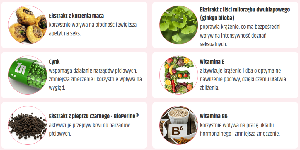 Femin Plus - libido, zwiększa libido, poprawia krążenie, regulacja hormonalna, poprawa nastroju, l-arganina, żeń-szeń, nasiona kozieradki, witamina E, korzeń maca, witamina B6