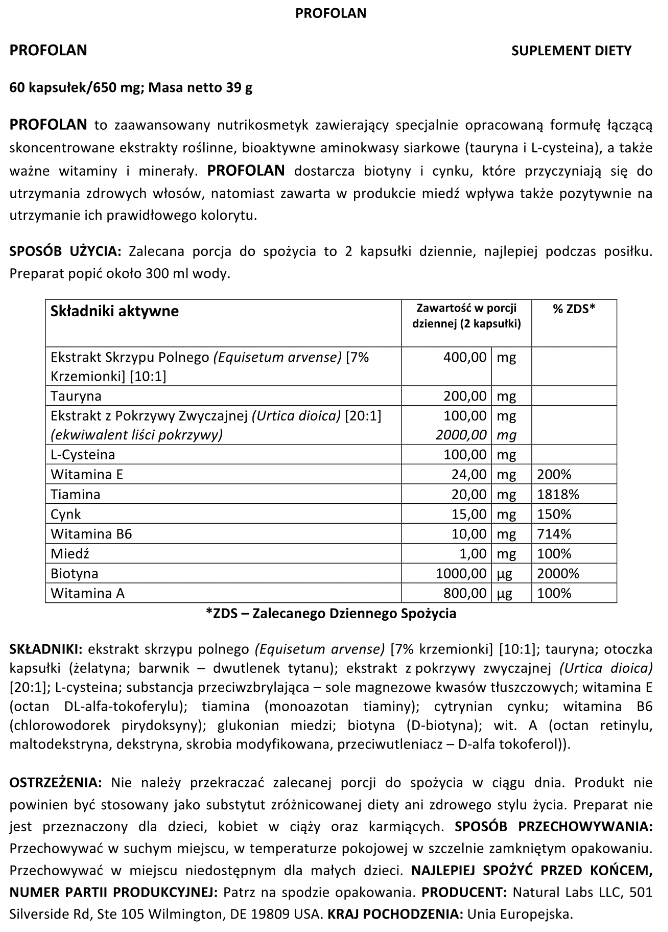Profolan - na łysienie, wypadanie włosów, wzmocnienie włosów, stymulacja wzrostu nowych włosów, redukcja łysienia androgenowego, formuła Grow3, biotyna, miedź, witamina E, tauryna