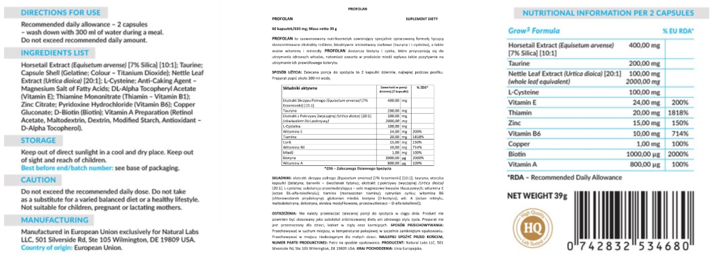 Profolan - na łysienie, wypadanie włosów, wzmocnienie włosów, stymulacja wzrostu nowych włosów, redukcja łysienia androgenowego, formuła Grow3, biotyna, miedź, witamina E, tauryna
