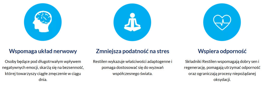 Restilen - na stres, niepokój, redukcja stresu i napięcia, poprawa nastroju, wsparcie układu nerwowego, zwiększenie odporności na stres, wspomaganie snu, ashwaganda, melisa, różeń górski, szafran, witaminy grupy b, magnes
