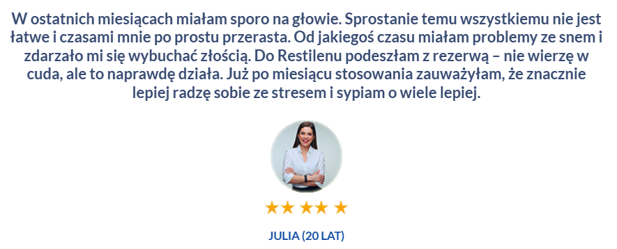 Restilen - na stres, niepokój, redukcja stresu i napięcia, poprawa nastroju, wsparcie układu nerwowego, zwiększenie odporności na stres, wspomaganie snu, ashwaganda, melisa, różeń górski, szafran, witaminy grupy b, magnes