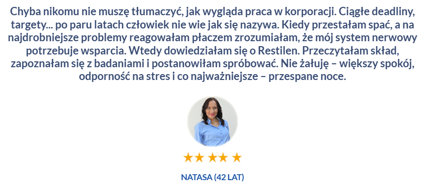 Restilen - na stres, niepokój, redukcja stresu i napięcia, poprawa nastroju, wsparcie układu nerwowego, zwiększenie odporności na stres, wspomaganie snu, ashwaganda, melisa, różeń górski, szafran, witaminy grupy b, magnes