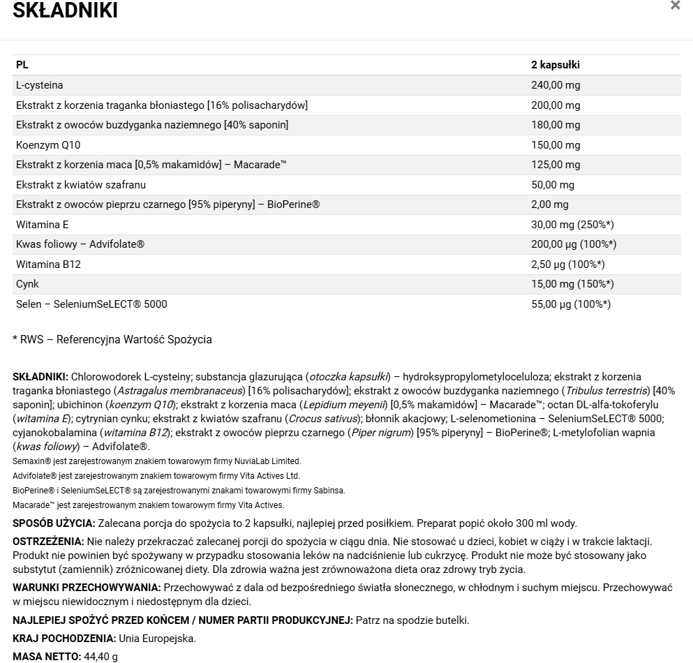 Semaxin - potencja, wzrost poziomu testosteronu, poprawa jakości nasienia, wsparcie funkcji układu rozrodczego, zwiększenie energii i witalności, buzdynek naziemny, korzeń maca, żeń-szeń, szafran, l-arginina, witamina e