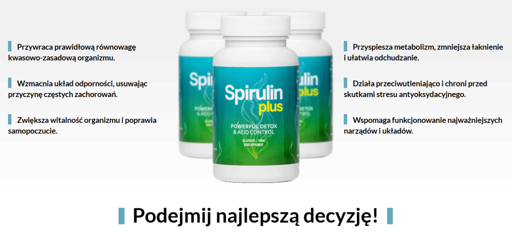 Spirulin Plus - oczyszczanie, odkwaszanie, detoksykacja organizmu, wzmocnienie układu odpornościowego, poprawa trawienia, wzrost energii i witalności, spirulina, pokrzywa, zielona herbata, chlorella, piperina