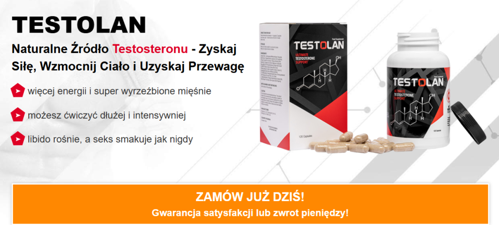 Testolan - Testosteron, podnosi poziom testosteronu, zwiększa siłę i masę ciała, poprawia wytrzymałość, energia, wzrost libido, poprawa funkcji seksualnych, wsparcie psychiczne, buzdynek naziemny, kozieradka, d-asparaginian, korzeń maca, żeń-szeń koreański, granat
