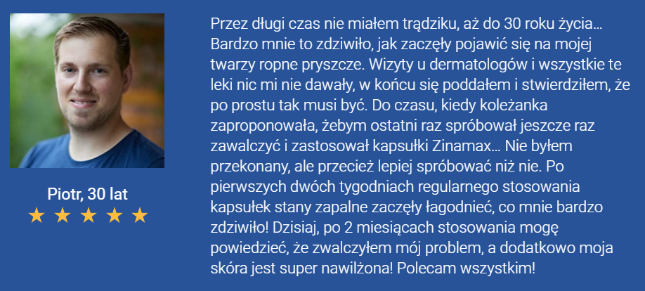 Zinamax - na trądzik, na skórę, redukcja trądziku, regulacja produkcji sebum, poprawia nawilżenia skóry, łagodzenie stanów zapalnych, wspomaganie regeneracji, laktoferyna, fiołek trójbarwny, pokrzywa, kwas hialuronowy, witamina e, cynk