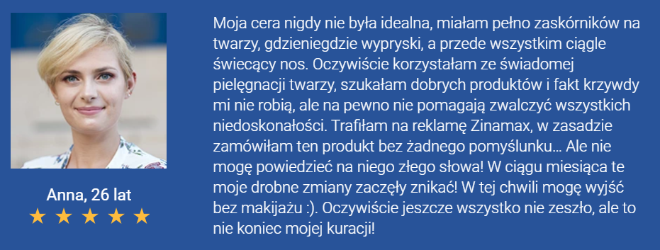 Zinamax - na trądzik, na skórę, redukcja trądziku, regulacja produkcji sebum, poprawia nawilżenia skóry, łagodzenie stanów zapalnych, wspomaganie regeneracji, laktoferyna, fiołek trójbarwny, pokrzywa, kwas hialuronowy, witamina e, cynk