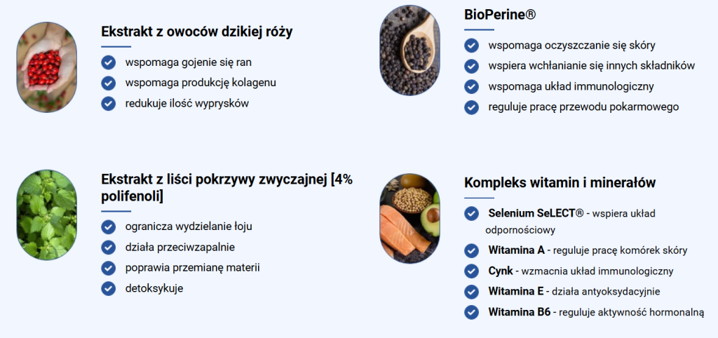 Zinamax - na trądzik, na skórę, redukcja trądziku, regulacja produkcji sebum, poprawia nawilżenia skóry, łagodzenie stanów zapalnych, wspomaganie regeneracji, laktoferyna, fiołek trójbarwny, pokrzywa, kwas hialuronowy, witamina e, cynk