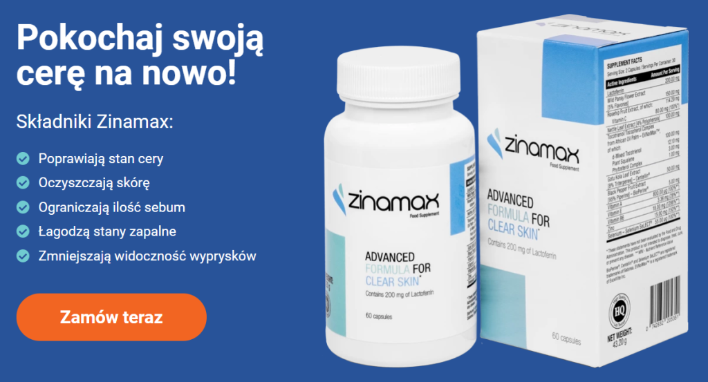 Zinamax - na trądzik, na skórę, redukcja trądziku, regulacja produkcji sebum, poprawia nawilżenia skóry, łagodzenie stanów zapalnych, wspomaganie regeneracji, laktoferyna, fiołek trójbarwny, pokrzywa, kwas hialuronowy, witamina e, cynk